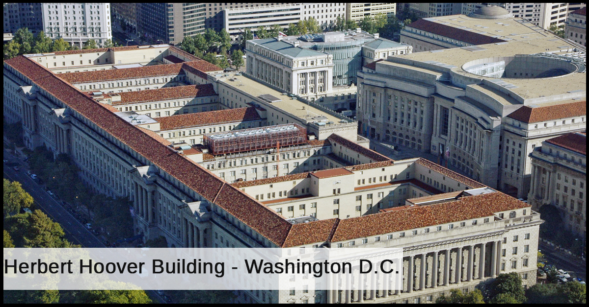 An aerial view of the rooftop of the Herbert Hoover Building in Washington, DC