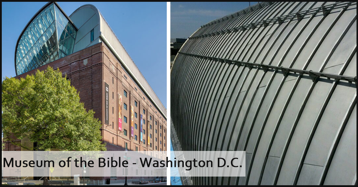 A pipe-style snow retention device installed on the curved roof of a museum